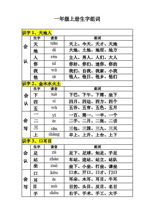 一年级上册  生字组词