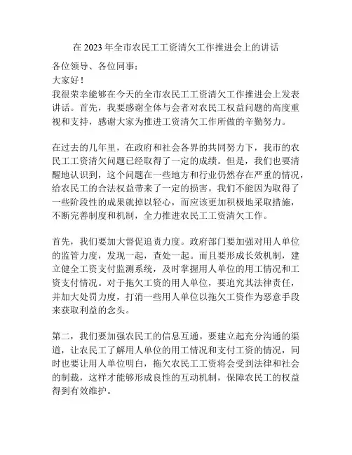 在2023年全市农民工工资清欠工作推进会上的讲话