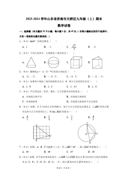 2023-2024学年山东省济南市天桥区九年级(上)期末数学试卷及答案解析