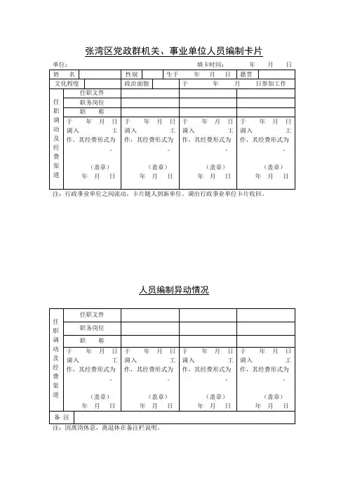 张湾区党政群机关、事业单位人员编制卡片