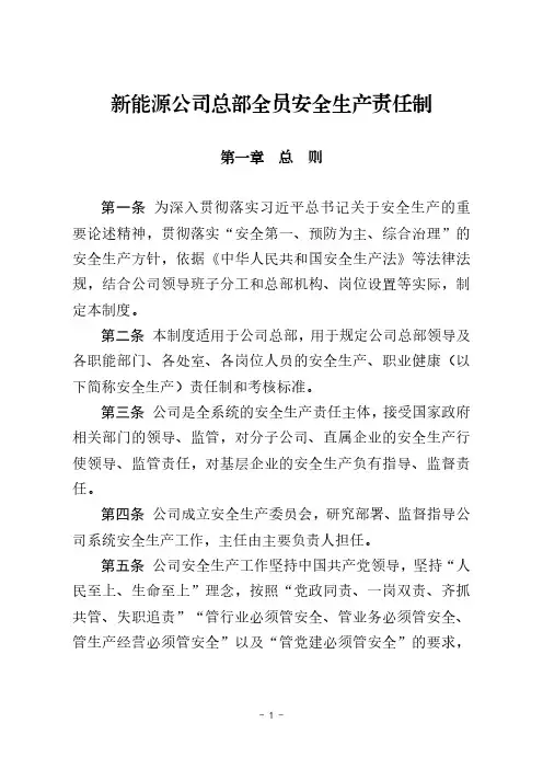 新能源公司总部全员安全生产责任制