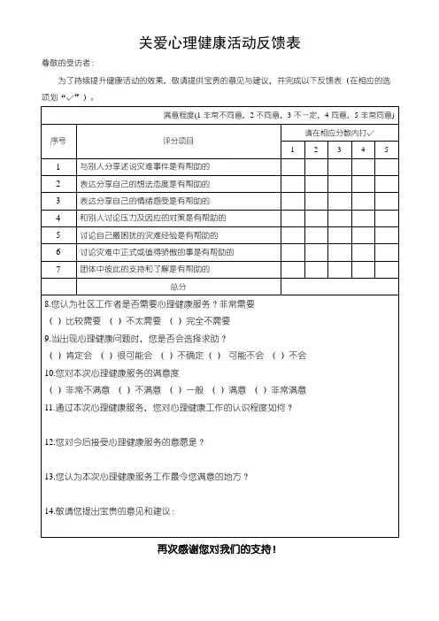 关爱心理健康活动反馈表模板(可修改)
