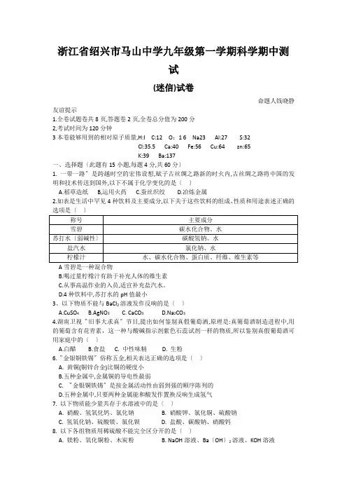 浙江省绍兴市马山中学九年级第一学期科学期中测试