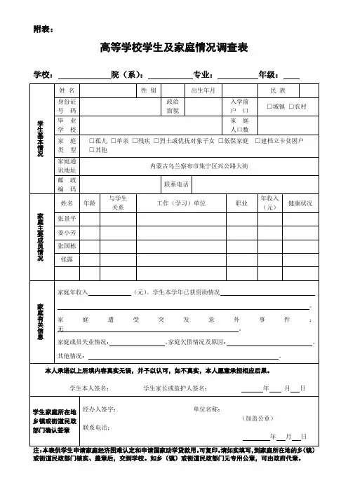 家庭经济困难学生调查表 空表