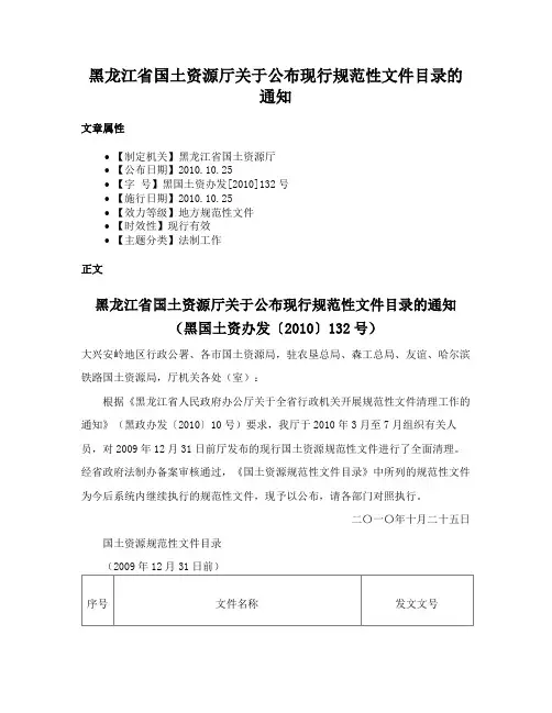 黑龙江省国土资源厅关于公布现行规范性文件目录的通知