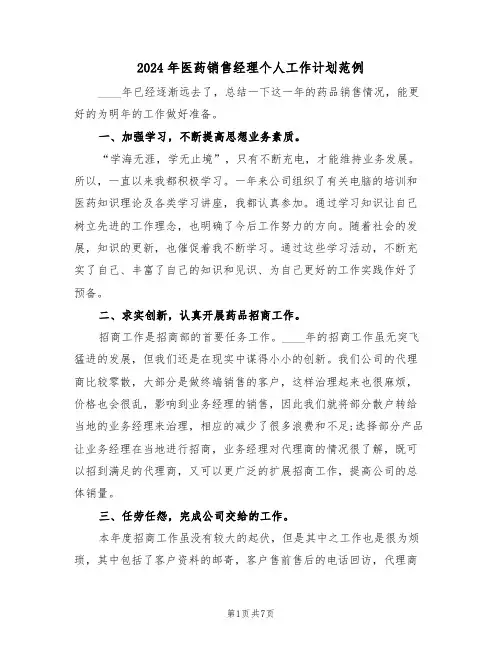 2024年医药销售经理个人工作计划范例（三篇）
