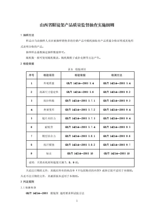 山西省眼镜架产品质量监督抽查实施细则2020