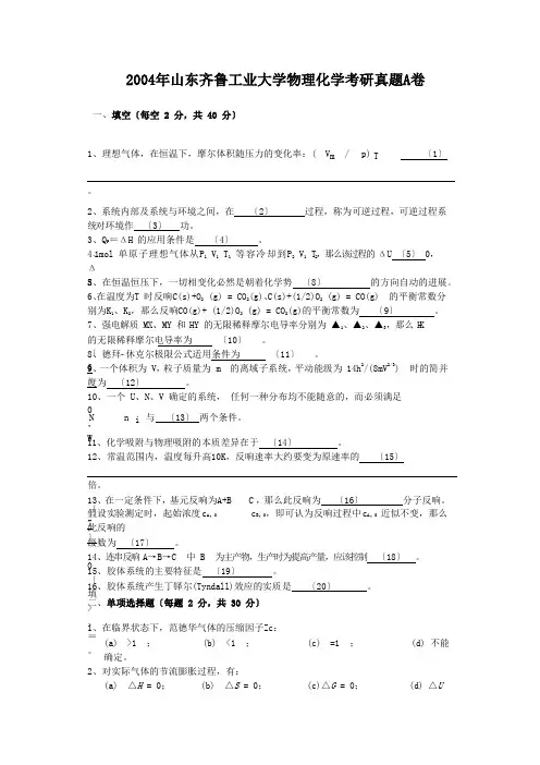 考研_2004年山东齐鲁工业大学物理化学考研真题A卷