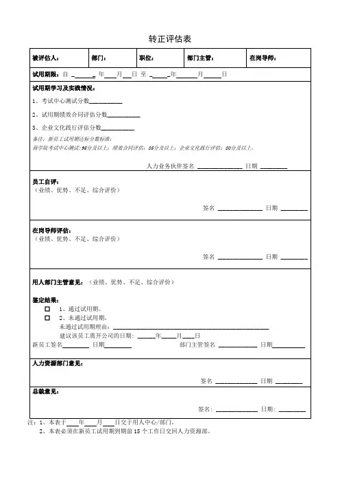 企业员工转正评估表模板