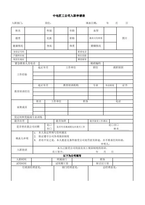 入职申请表模板