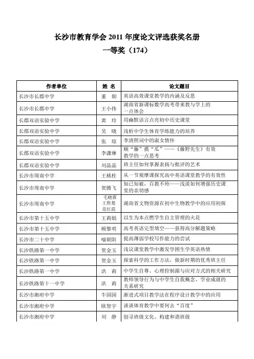 长沙市教育学会2011年度论文评选获奖名册