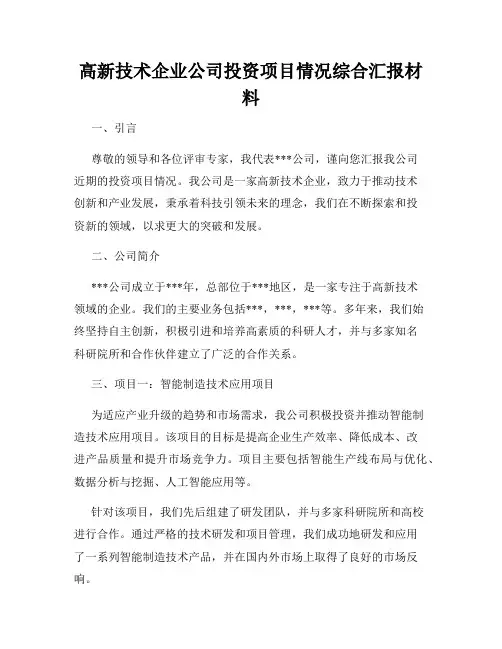 高新技术企业公司投资项目情况综合汇报材料