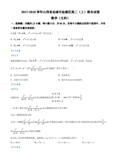 【区级联考】山西省运城市盐湖区2017-2018学年高二上学期期末考试数学文试题(解析版) (1)