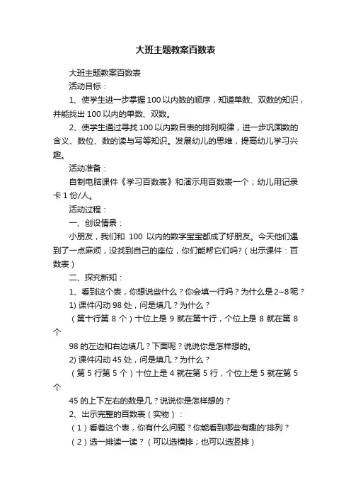大班主题教案百数表