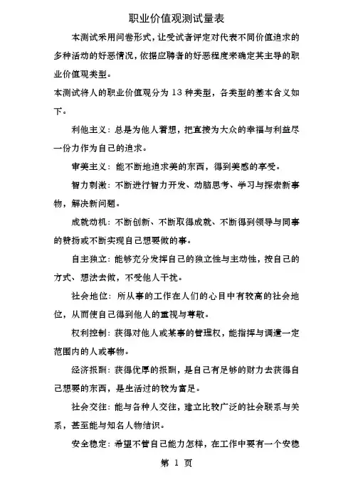 职业价值观测试量表