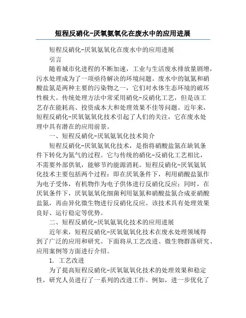 短程反硝化-厌氧氨氧化在废水中的应用进展