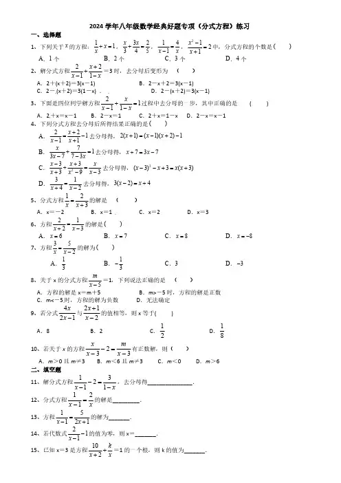 2024学年八年级数学经典好题专项(分式方程)练习(附答案)