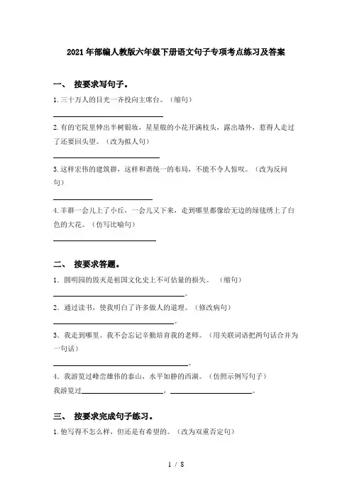 2021年部编人教版六年级下册语文句子专项考点练习及答案