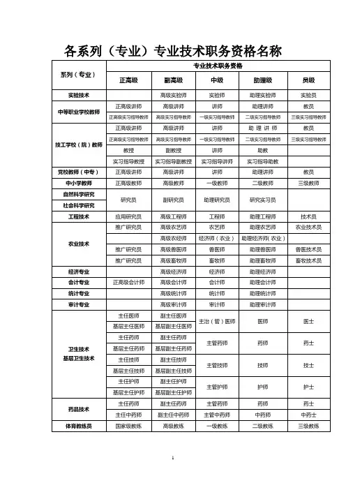 各系列(专业)专业技术职务资格名称
