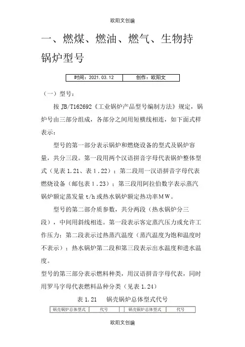 锅炉型号含义之欧阳文创编