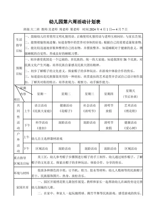 幼儿园大班第六周活动计划表
