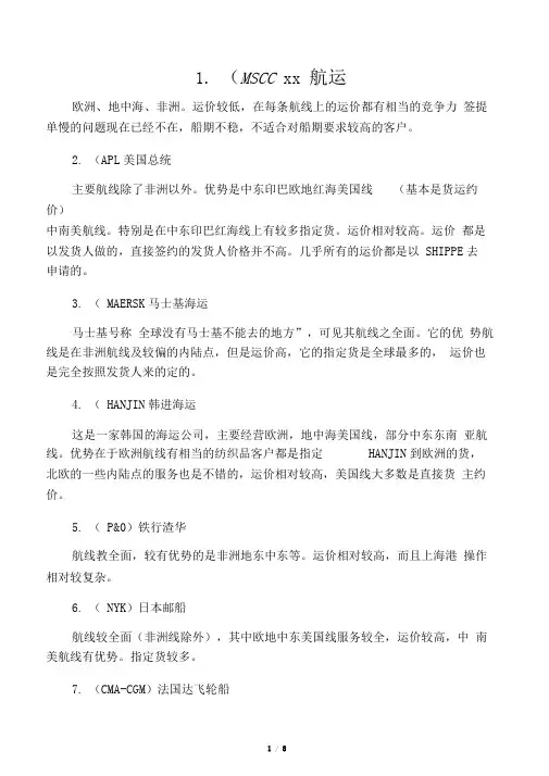 各个船公司的航线各航线的主要港口