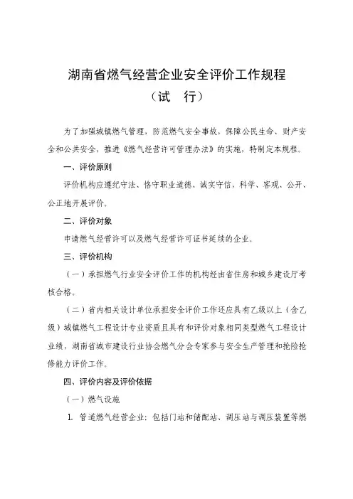 湖南省燃气经营企业安全评价工作规程（试行）