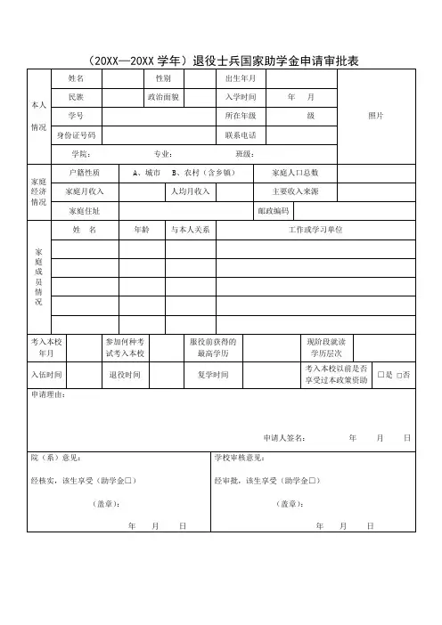 退役士兵国家助学金申请审批表
