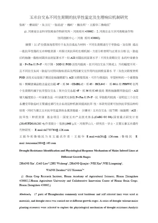 玉米自交系不同生育期的抗旱性鉴定及生理响应机制研究