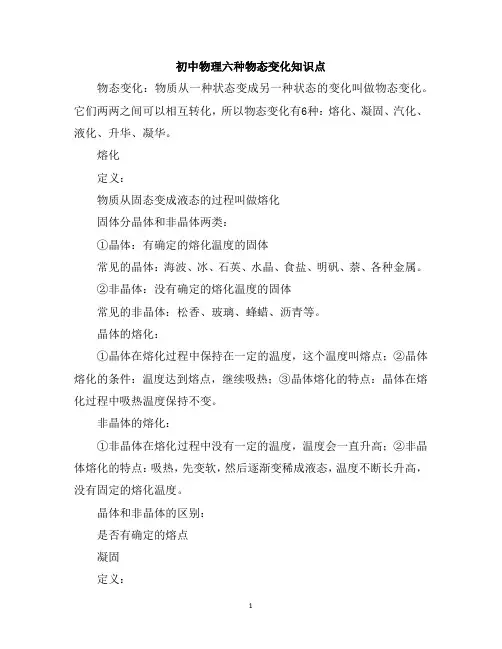 初中物理六种物态变化知识点