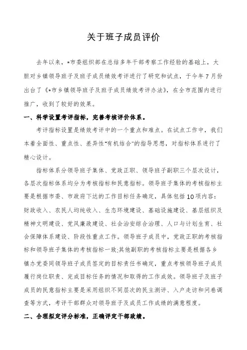 关于班子成员评价