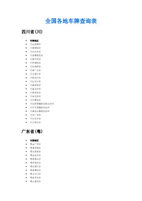 全国各地车牌查询表