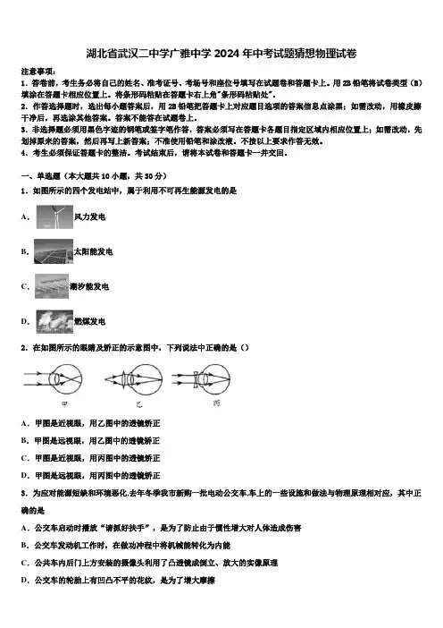 湖北省武汉二中学广雅中学2024年中考试题猜想物理试卷含解析