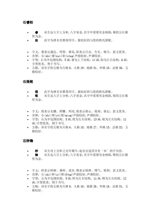 唐名皇起名网为您提供的石姓男宝宝好名