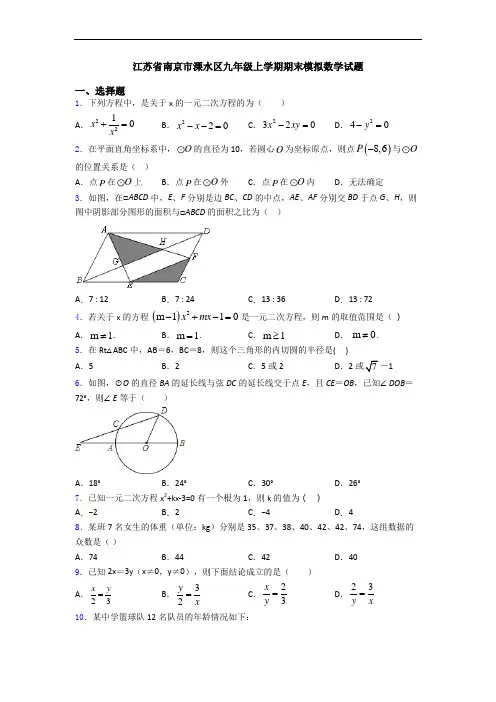 江苏省南京市溧水区九年级上学期期末模拟数学试题