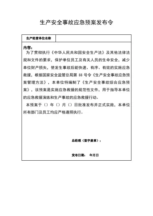 生产安全事故应急预案发布令(报)