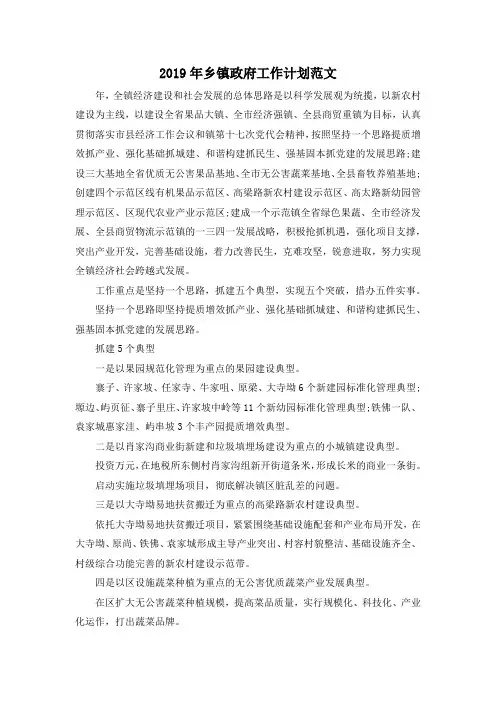 最新-2019年乡镇政府工作计划范文02019 精品