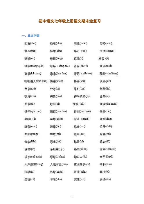初中语文七年级上册语文期末全复习