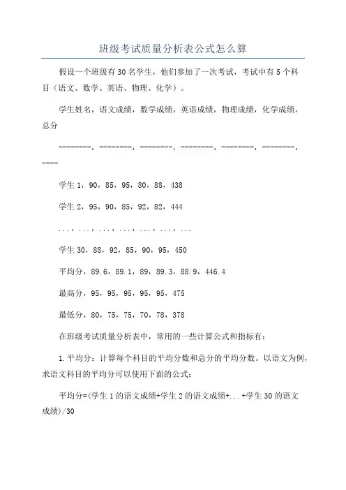 班级考试质量分析表公式怎么算