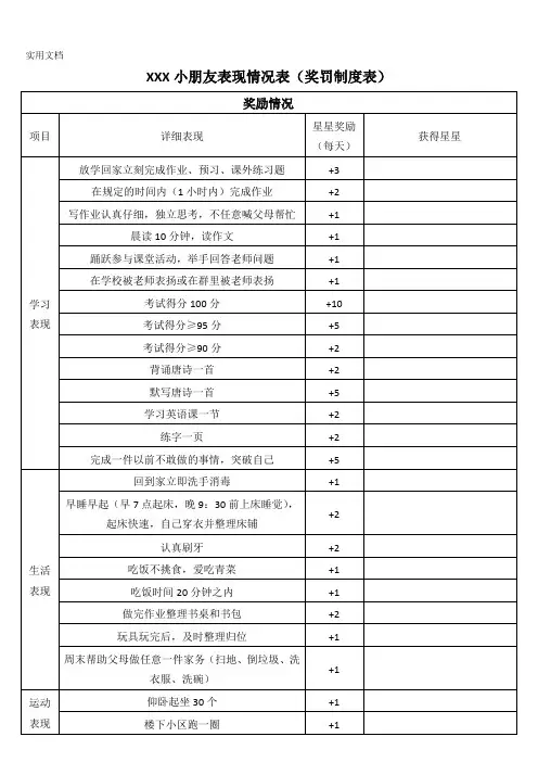 小学生一、二、三年级家庭奖罚制度表