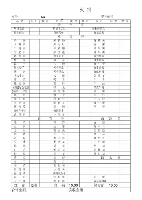 (完整版)火锅店点菜单范本