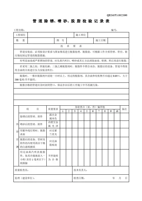管道除锈、喷砂、脱脂检验记录表