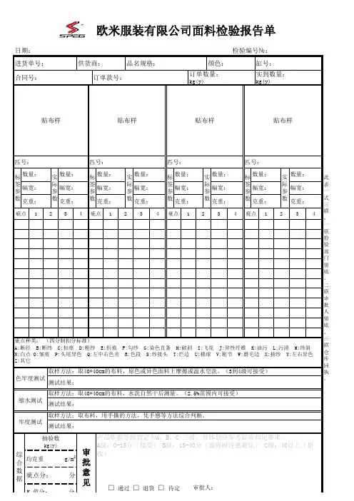 面料检验报告表