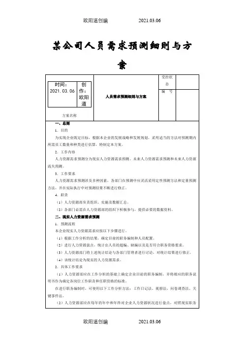 某公司人力资源需求预测细则与方案之欧阳道创编