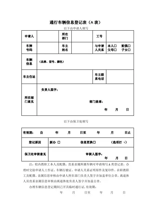 通行车辆信息登记表