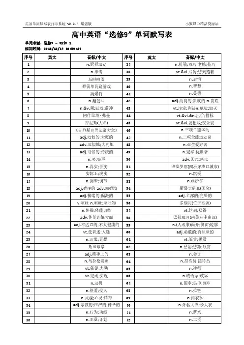 61_X9_高中人教版_4_中文默写英文_选修9_单元默写表词汇测试卷(双面打印)