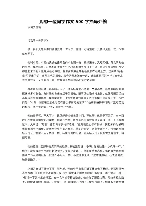 我的一位同学作文500字描写外貌