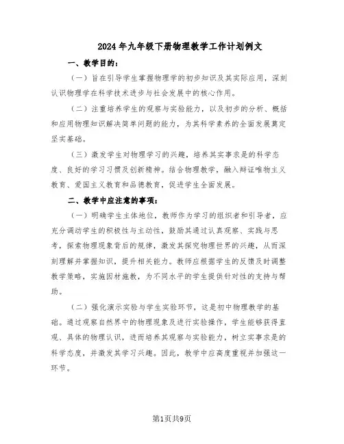 2024年九年级下册物理教学工作计划例文（五篇）