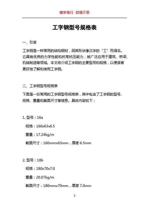 工字钢型号规格表