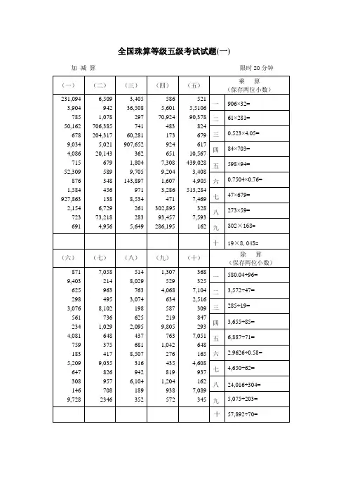 2023年全国珠算等级五级考试试题最新版